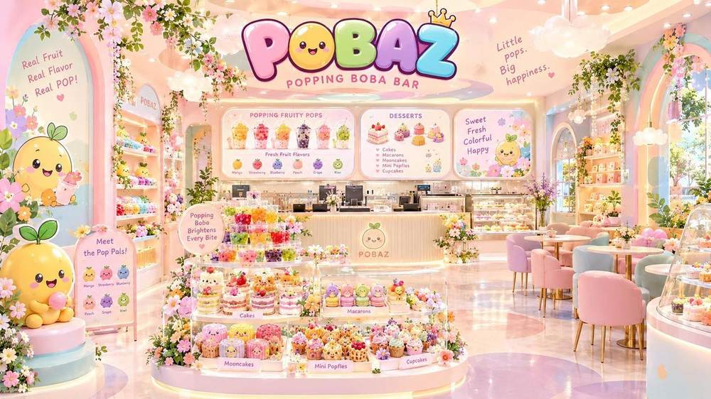 A cheerful popping-boba shop with collectible fruit characters called Pop Pals.