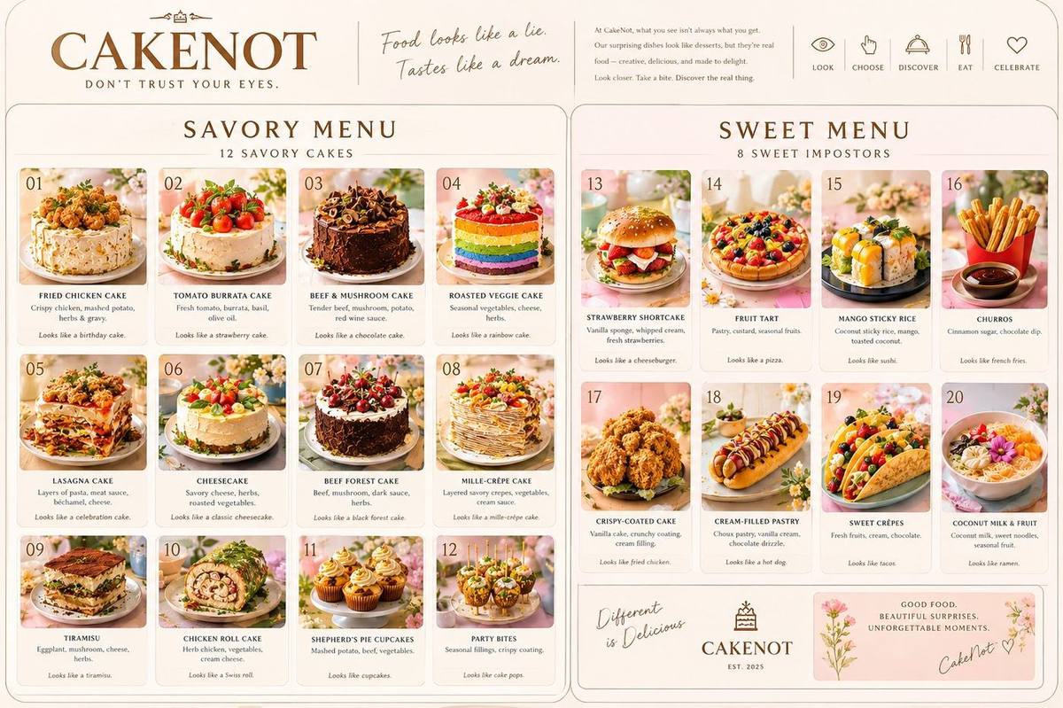 Twelve savory cakes. Eight sweet impostors.