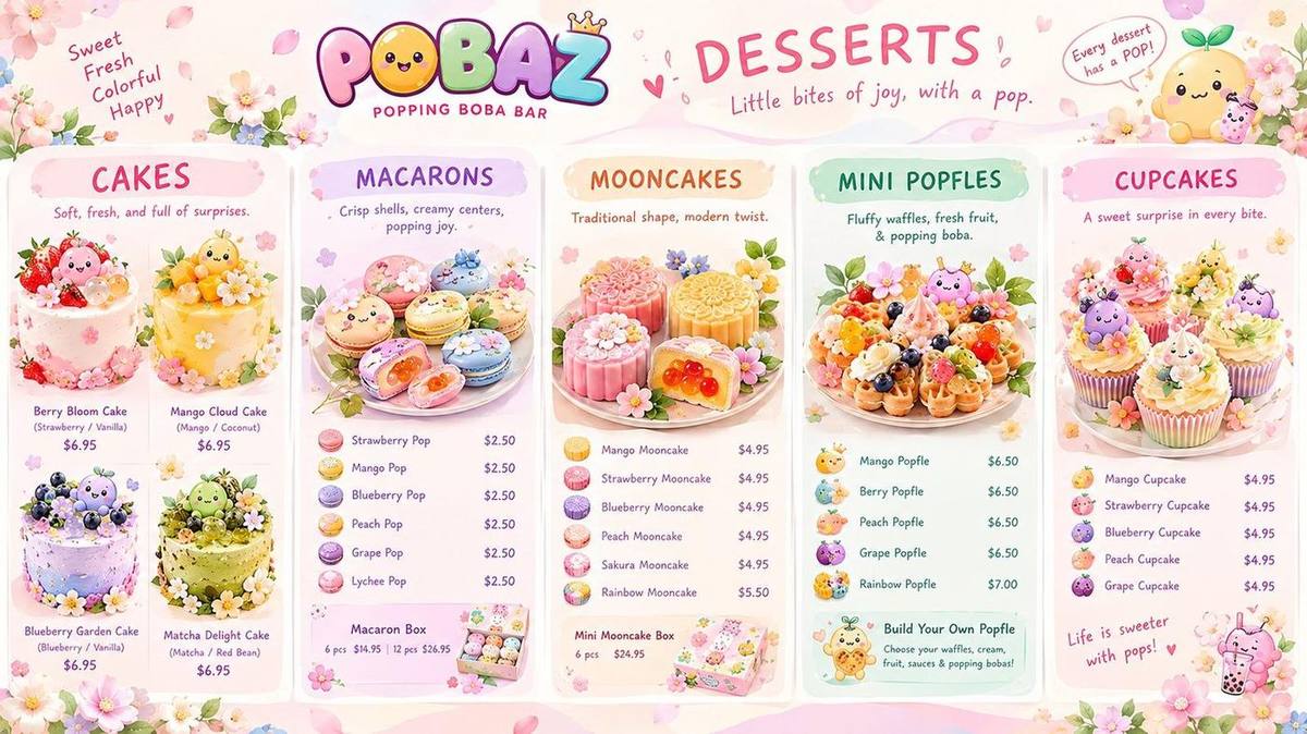Cakes, macarons, mooncakes, popfles, cupcakes.