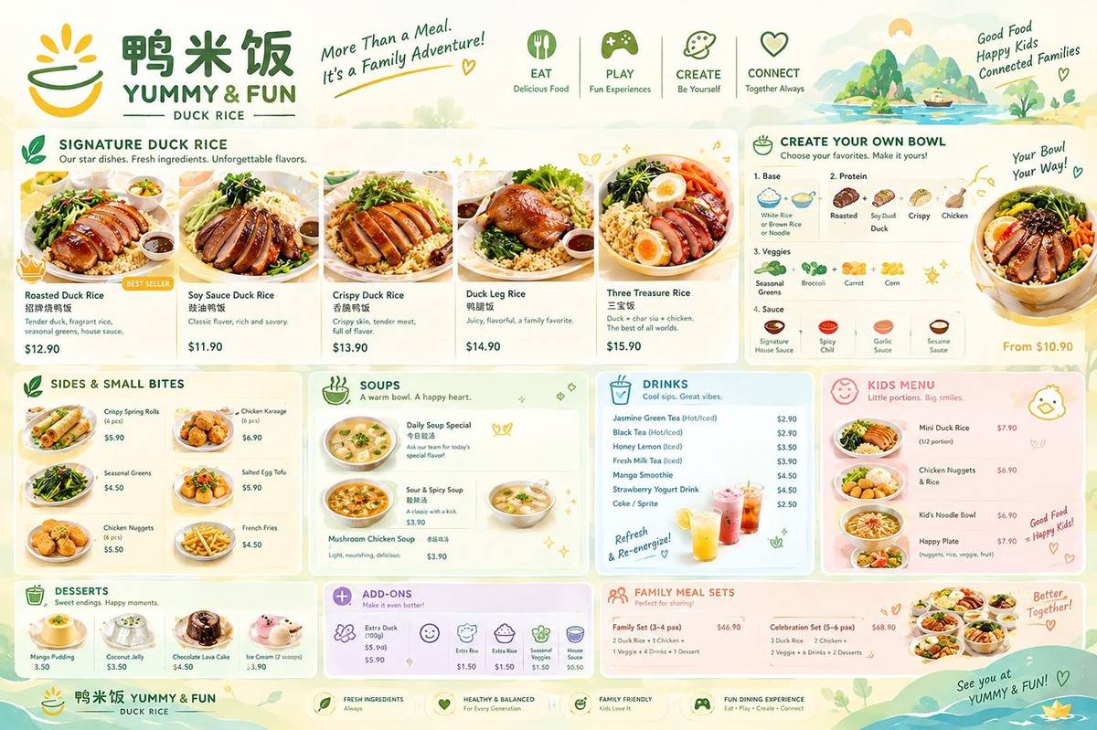 The menu. Signature duck rice, build-your-own bowls, and family sets.